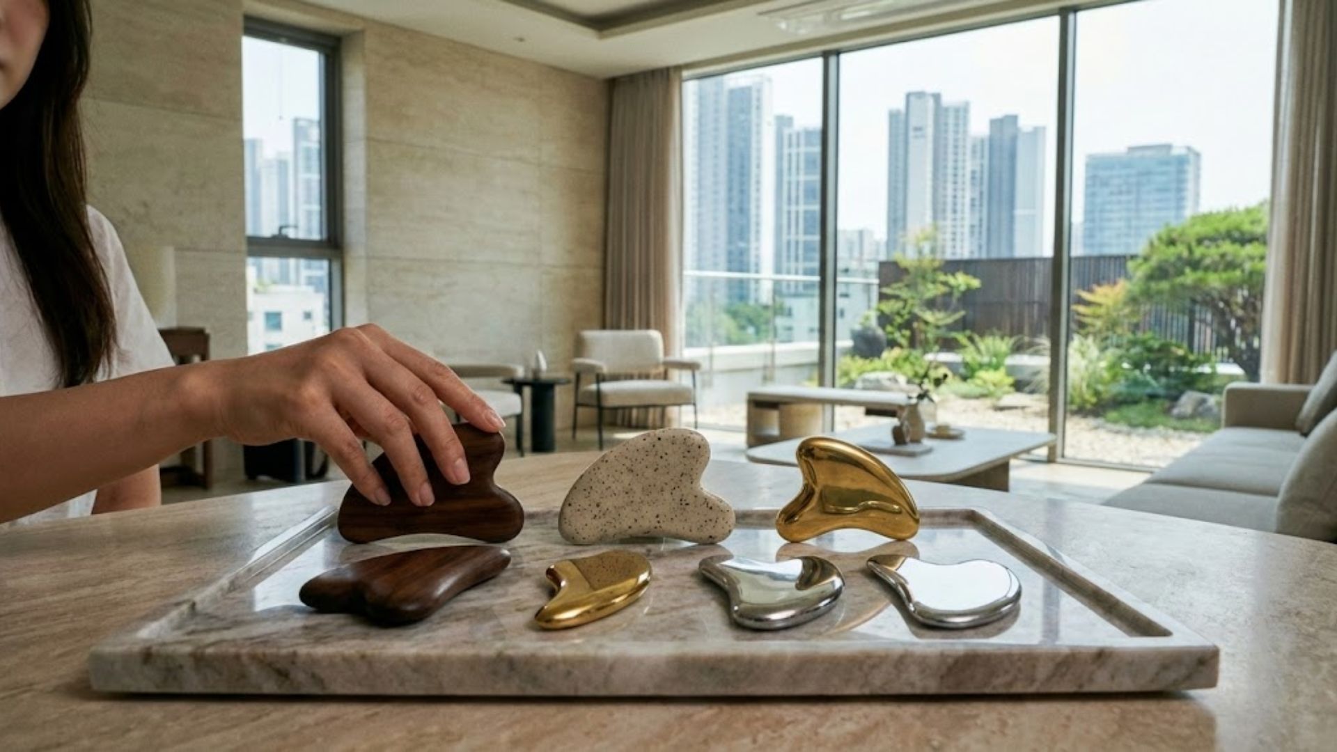 나무, 도자기, 금속 소재별 다양한 두피괄사 도구가 대리석 트레이 위에 놓여 있는 모습