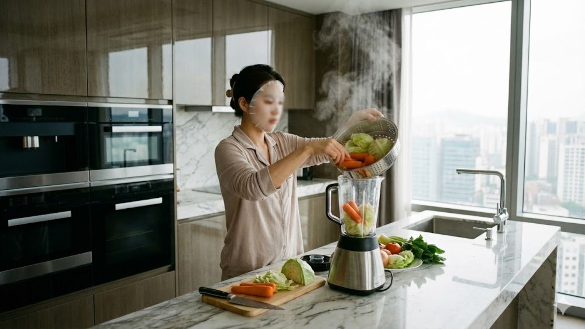 소화 흡수를 높이기 위해 찜기에 찐 당근과 양배추로 만드는 해독주스 레시피