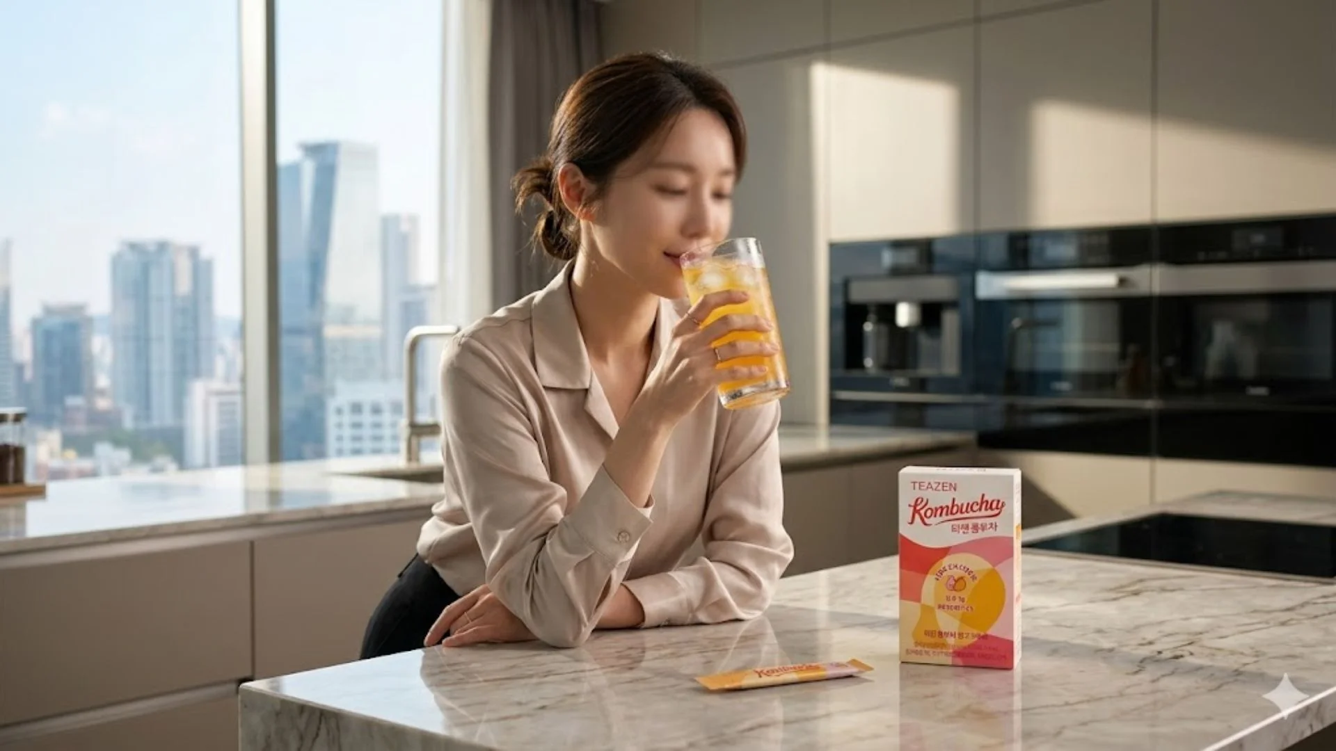 얼음물에 타서 시원하게 마시는 상큼한 티젠콤부차 내돈내산 섭취