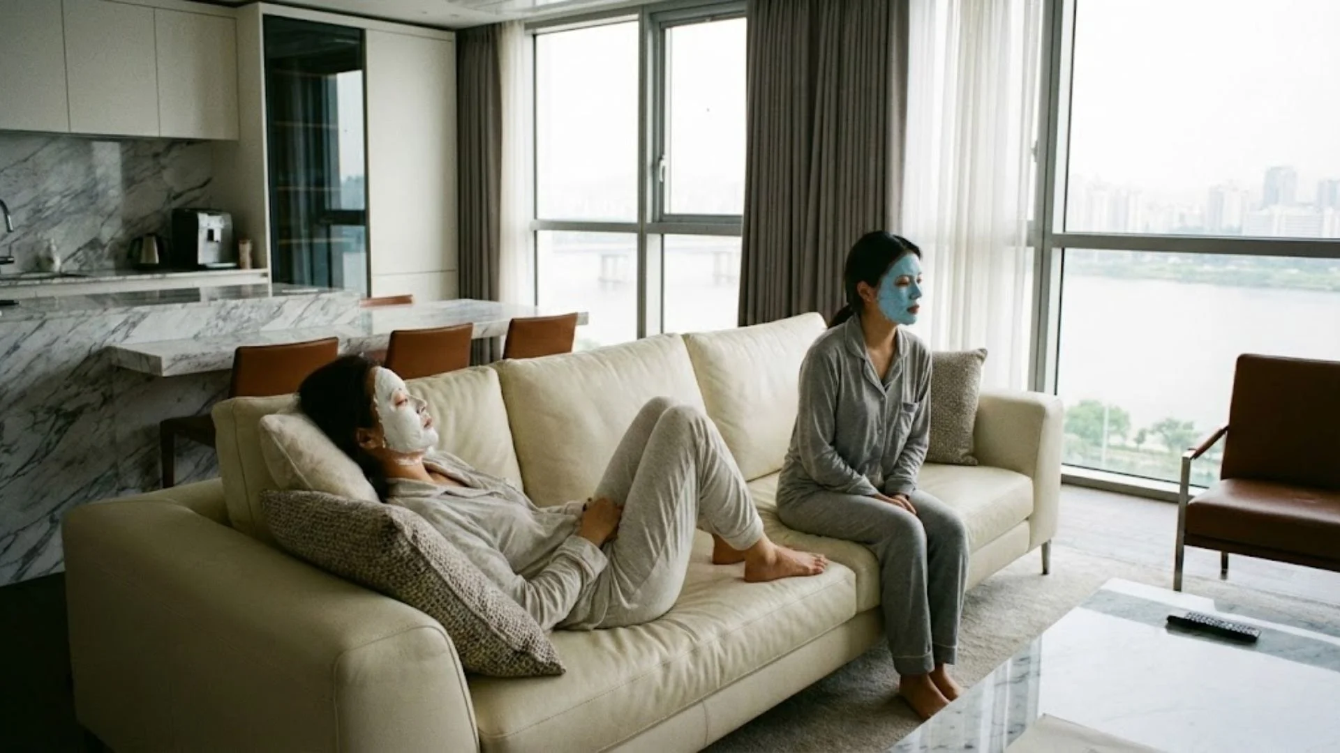 쿨링감이 느껴지는 파란색 모델링팩과 단단하게 굳어가는 하얀색 석고팩의 제형 비교