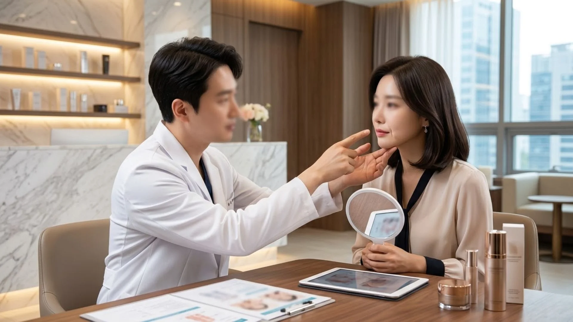 깊어진 팔자주름과 처진 볼살 고민을 해결하기 위해 실리프팅 상담을 받는 모습