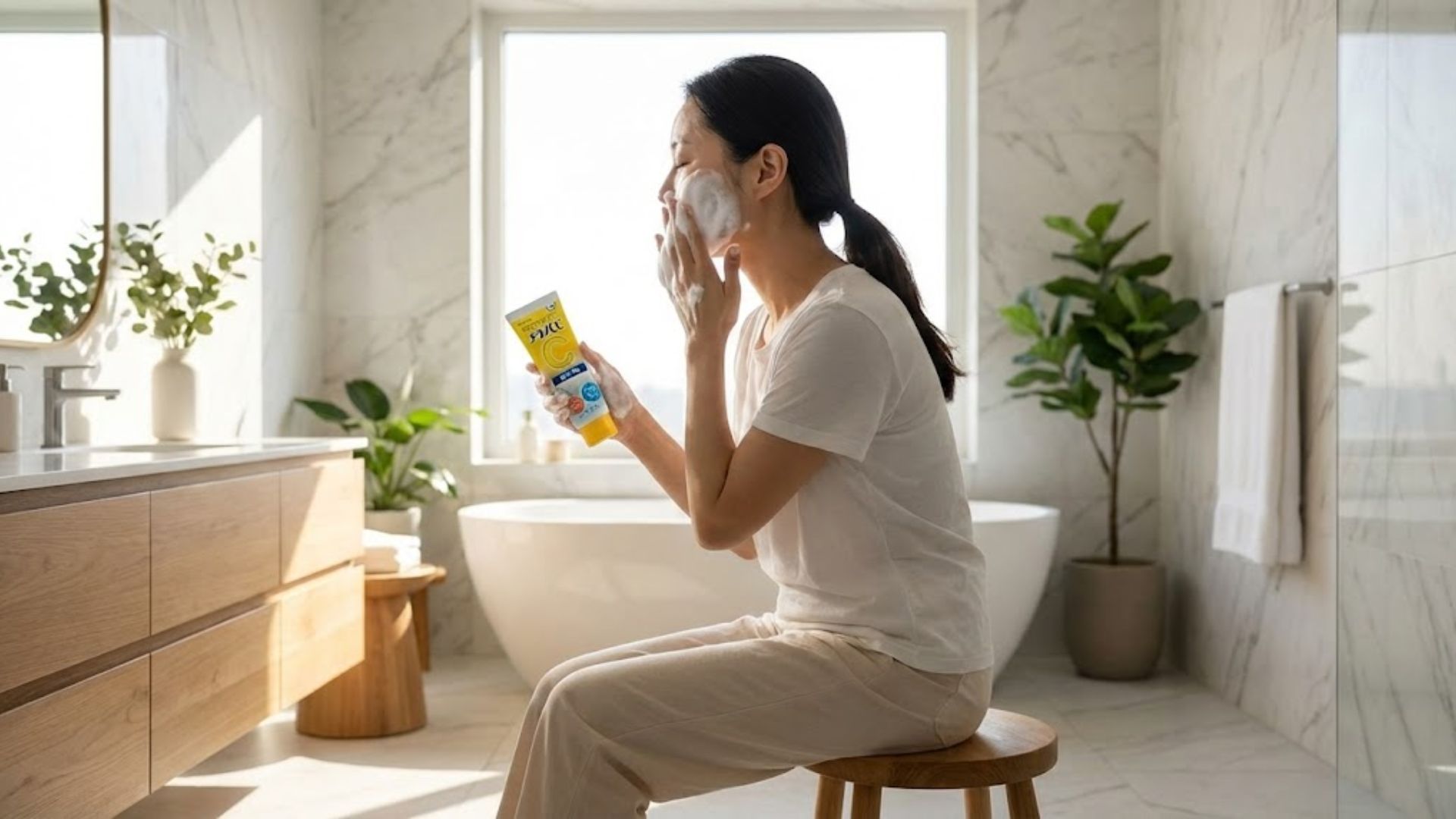 일본 드럭스토어에서 구매한 트란시노 화이트c 제품과 맑은 피부의 30대 여성