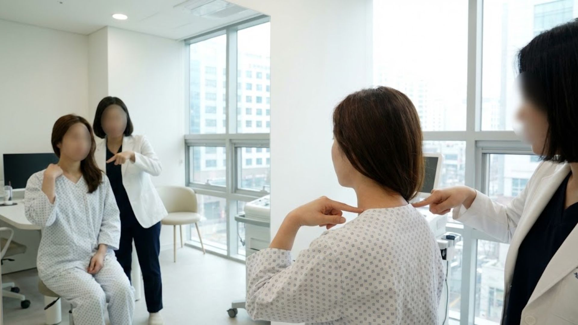 피부과 상담실에서 승모근 관리를 위해 상담 실장과 함께 거울을 보며 어깨 라인을 확인하고 있는 30대 여성