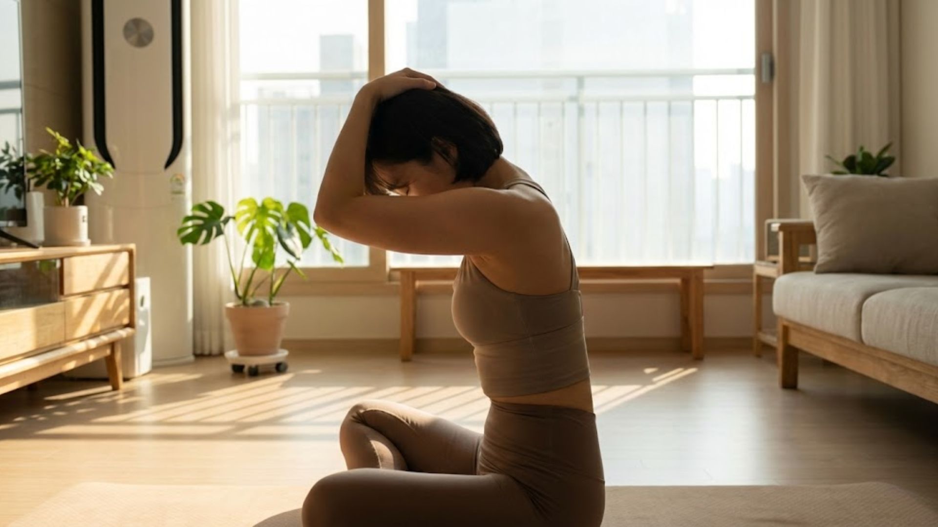 집에서 하는 승모근 없애는 스트레칭 동작 - 요가복을 입은 여성이 편안하게 목 스트레칭을 하는 모습