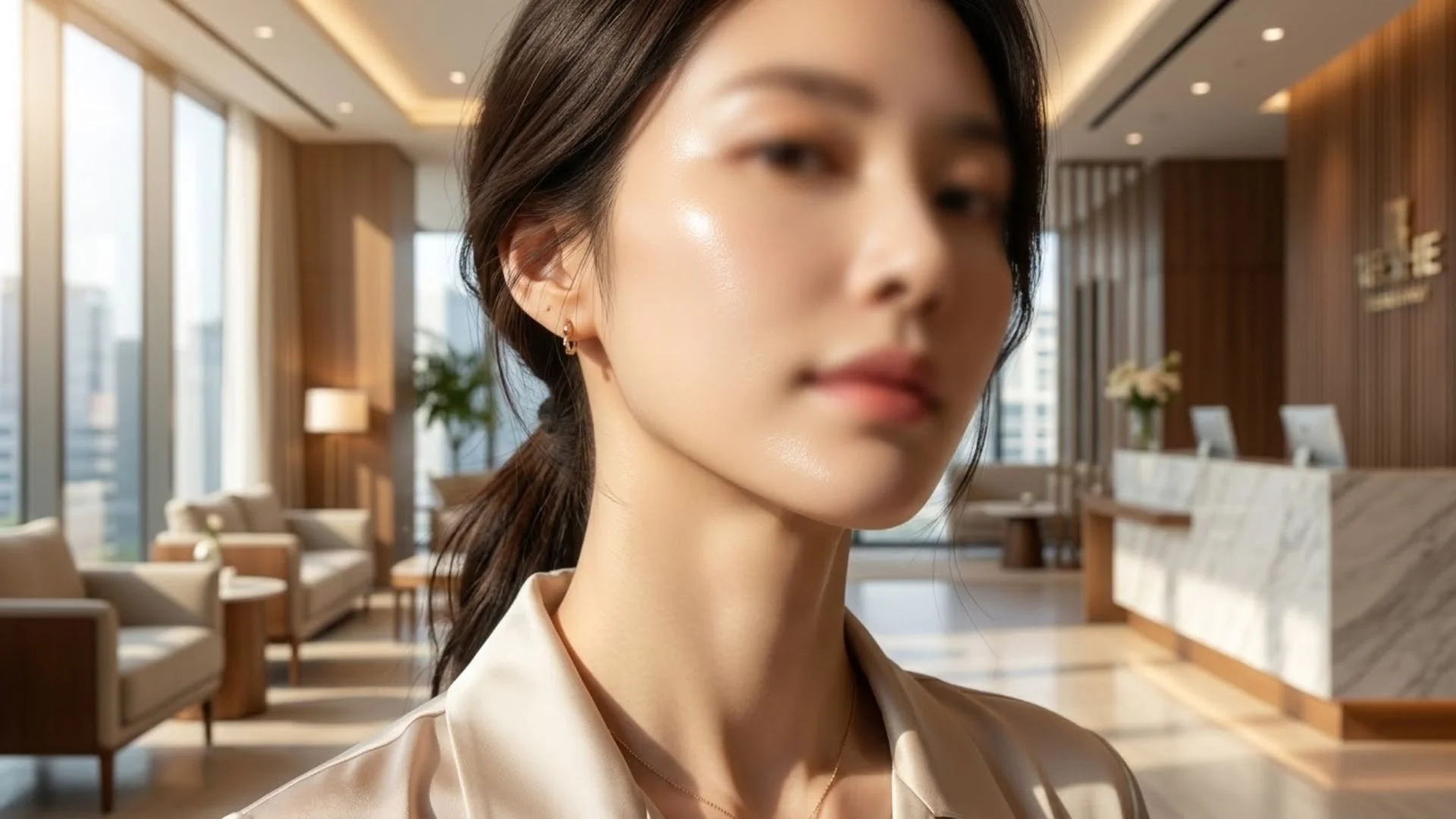 강력한 울쎄라효과로 늘어진 턱선과 이중턱이 팽팽하게 리프팅 된 여성의 모습