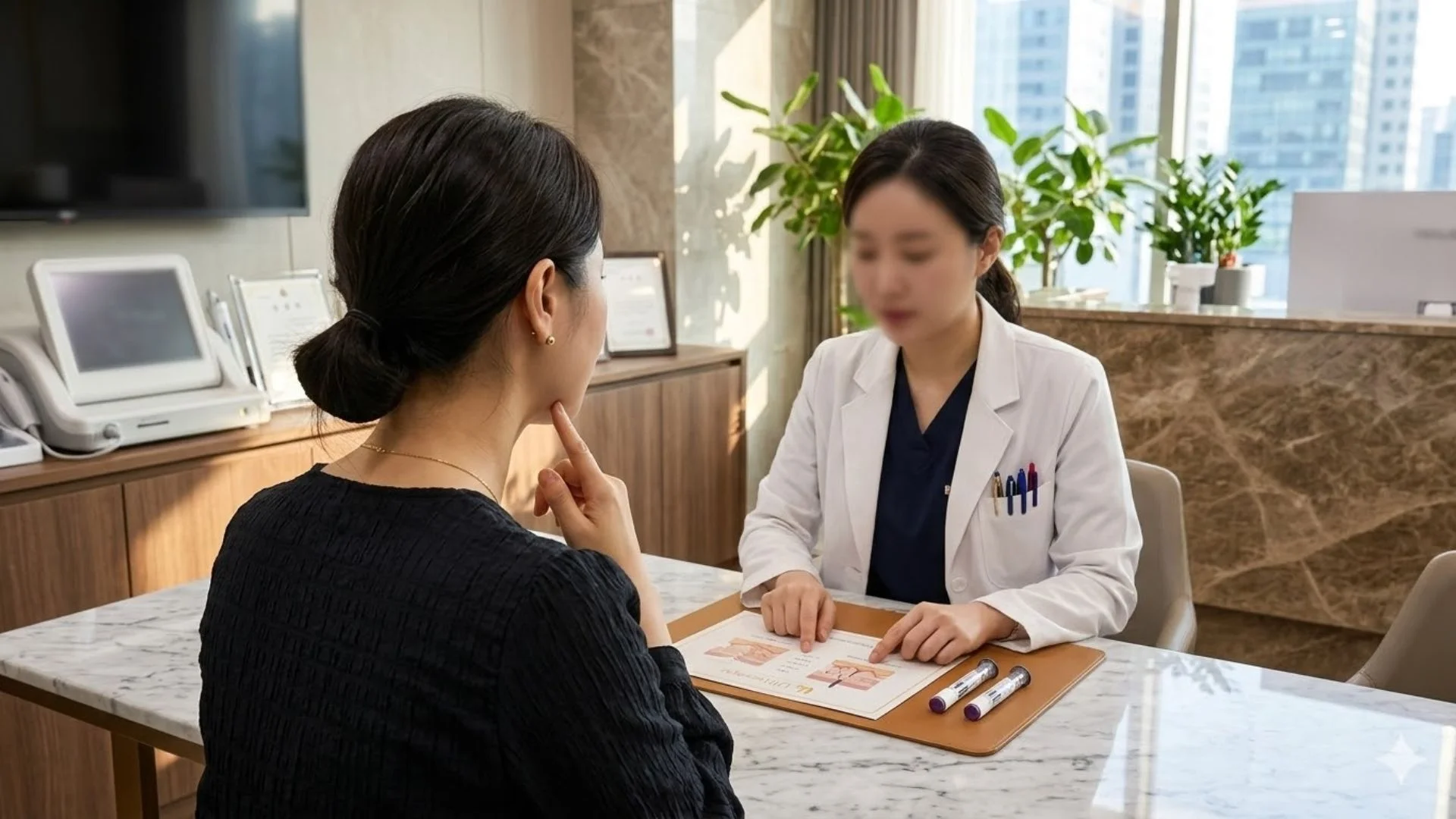 비싼 울쎄라가격을 지불하기 전, 정품 인증서와 샷수를 확인하는 피부과 상담 모습