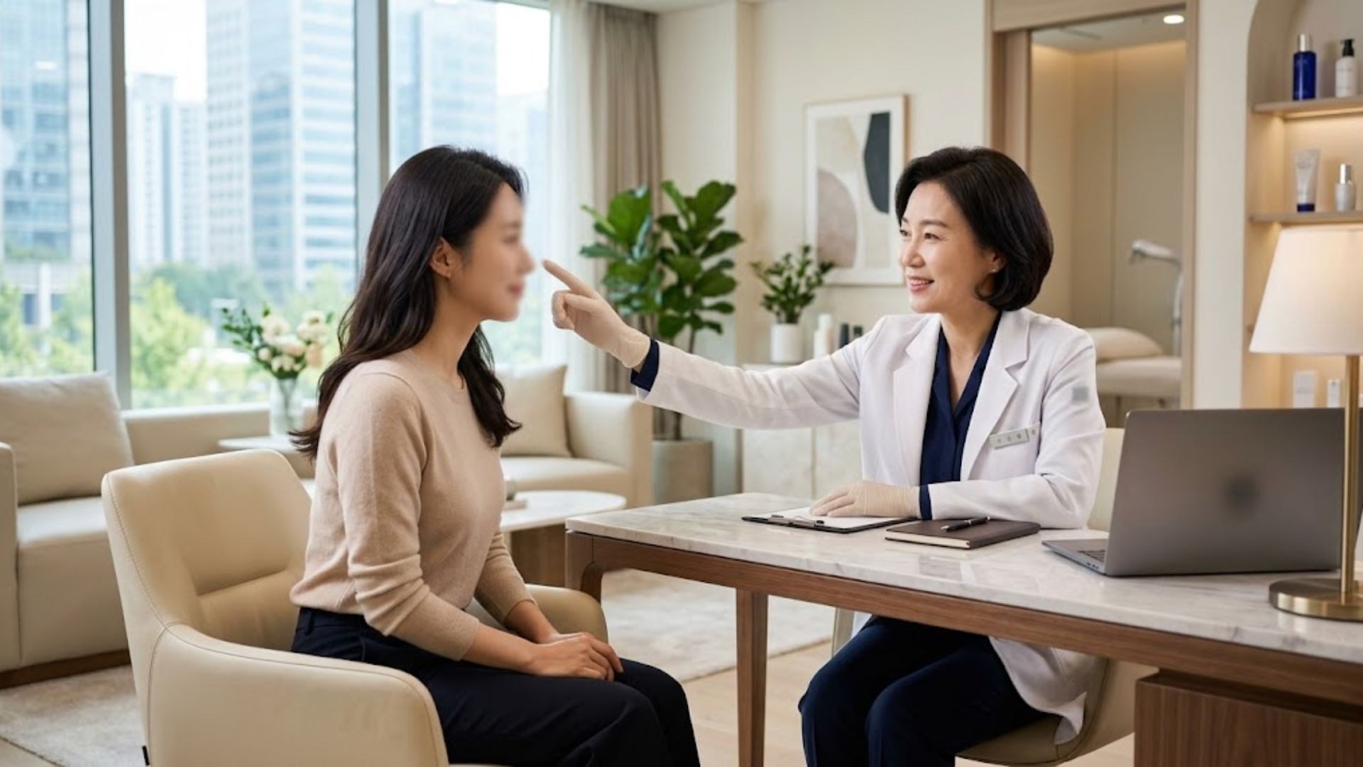 의사가 환자의 눈 밑 지방 상태를 보며 눈밑지방재배치수술비용과 시술 방법을 상담하는 모습