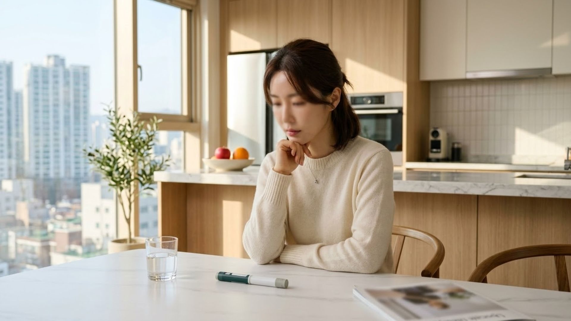 위고비 가격을 알아보고 펜 다이얼 조작 팁을 확인하는 2040 여성의 모습