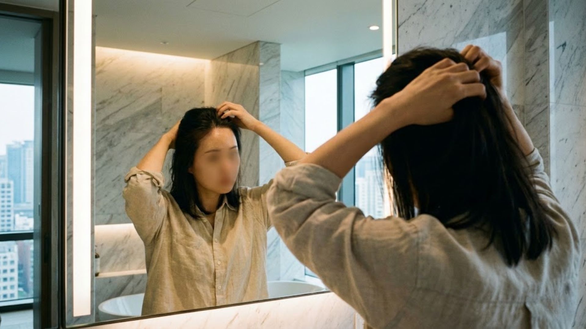 거울을 보며 자신의 헤어라인과 이마 라인을 체크하고 있는 30대 여성의 자연스러운 모습