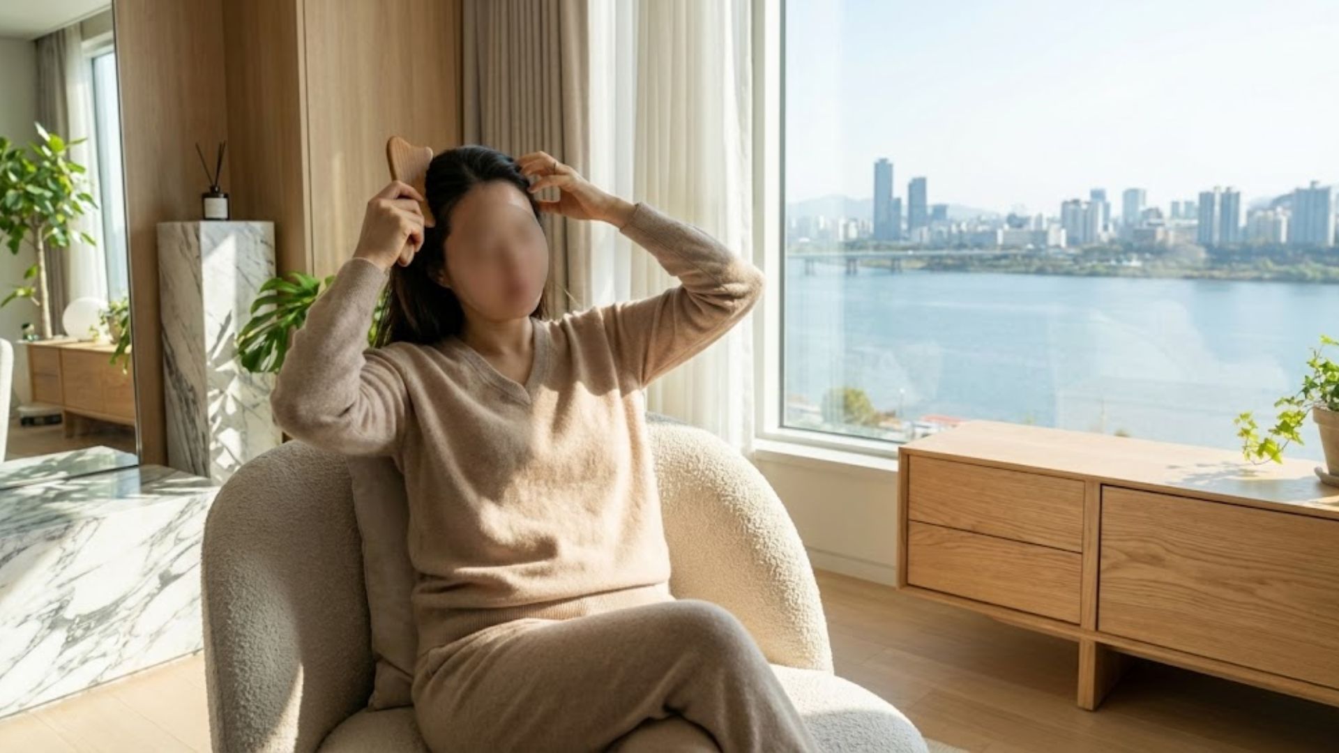 편안한 홈웨어 차림의 30대 여성이 나무 괄사로 두피와 측두근을 마사지하는 모습