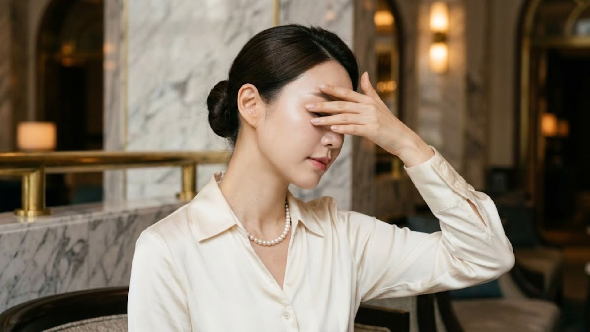 실리프팅 시술을 받은 여성이 고급스러운 라운지 배경에서 한 손으로 눈을 가린 채 휴식을 취하고 있는 모습